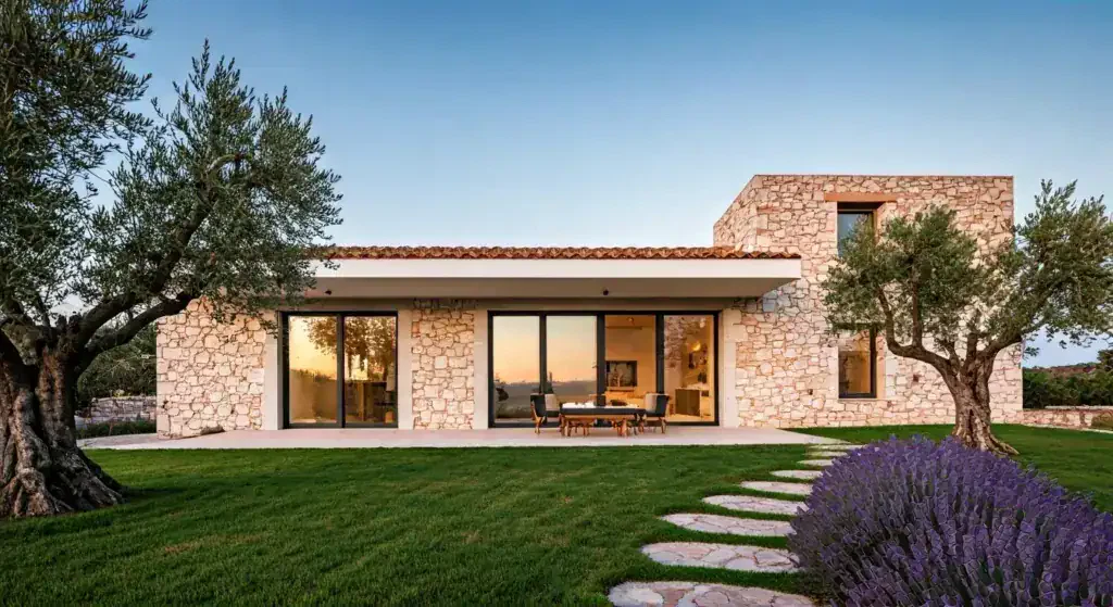 Finestra moderna in casa di pietra con grandi vetri e design elegante.