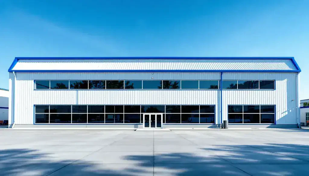 Edificio industrial con ampie finestre e struttura moderna, ideale per soluzioni di serramenti e inf.