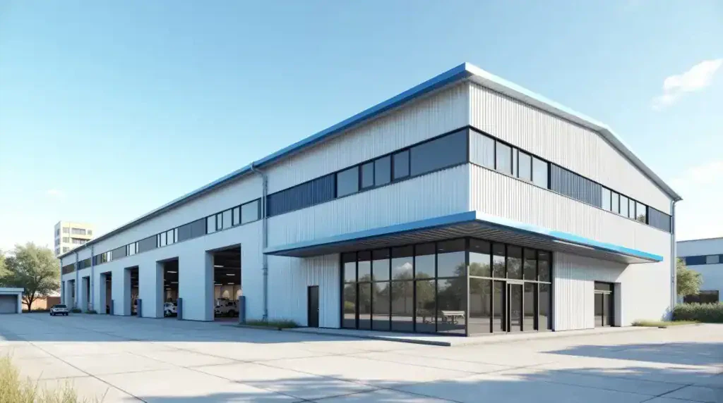 Immagine di un edificio commerciale con grandi finestre e serramenti in alluminio di alta qualità.